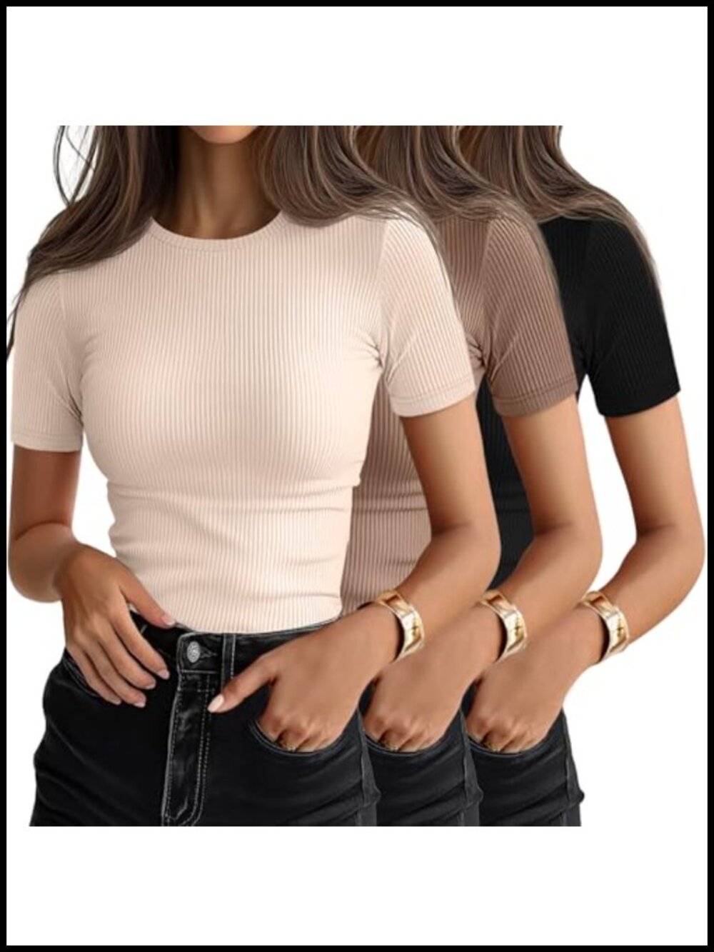 Women's 3 Pack Ribbed Short Sleeve Crew Neck Slim Fit T-Shirts